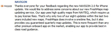 Navigon FreshMaps XL sur iphone : Garmin répond aux acheteurs