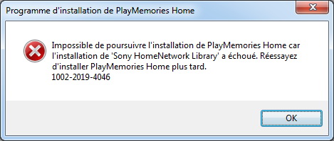 Erreur Sony home network library lors de l'installation de PlayMemories Home