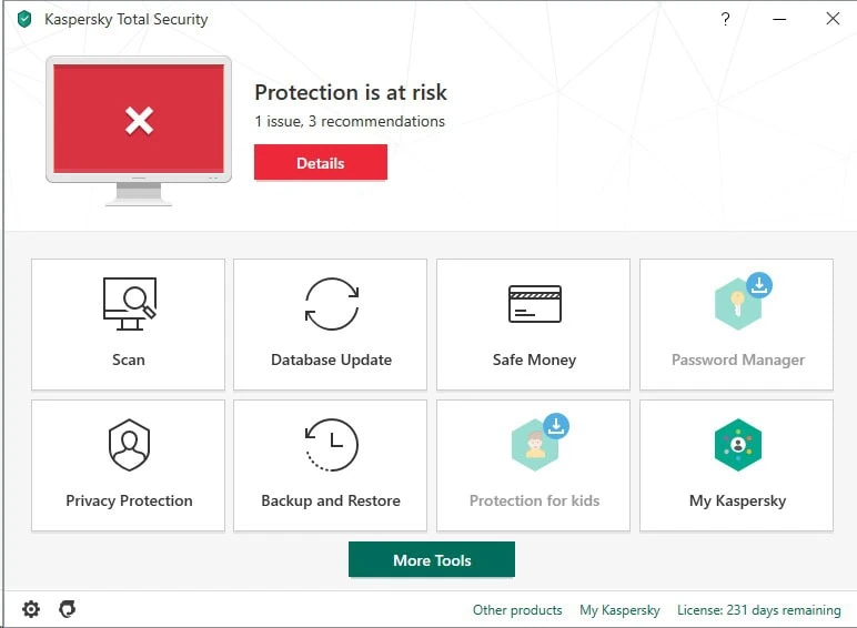 Menu Kaspersky Total Security 2020