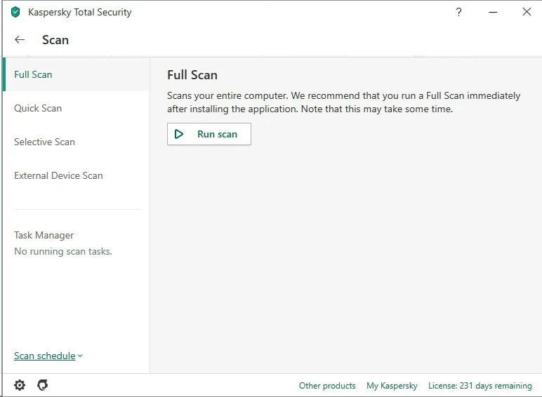 Menu de scan de Kaspersky Total Security 2020