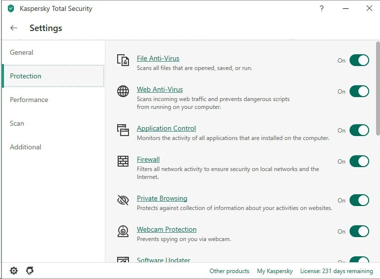 Menu settings de Kaspersky Total Security 2020