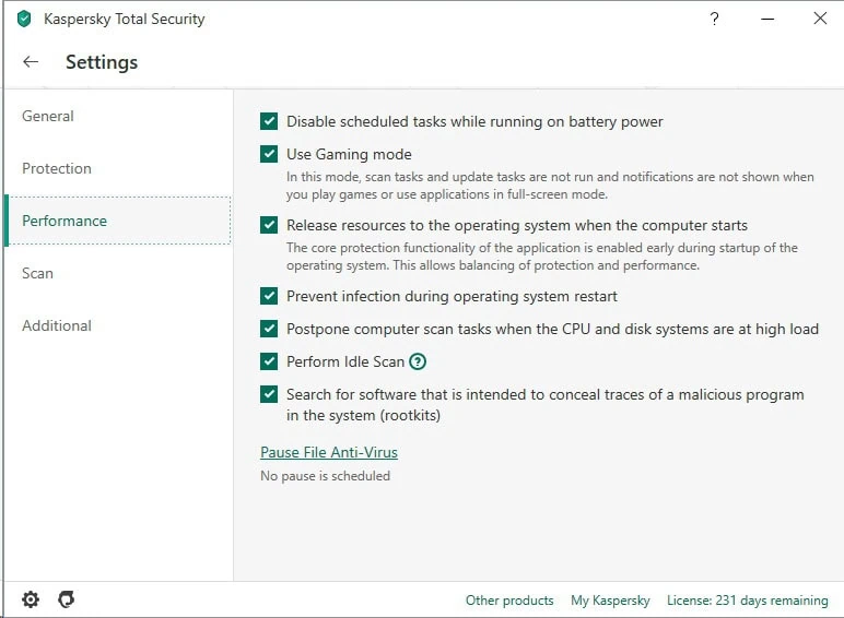 Menu performance de Kaspersky Total Security 2020
