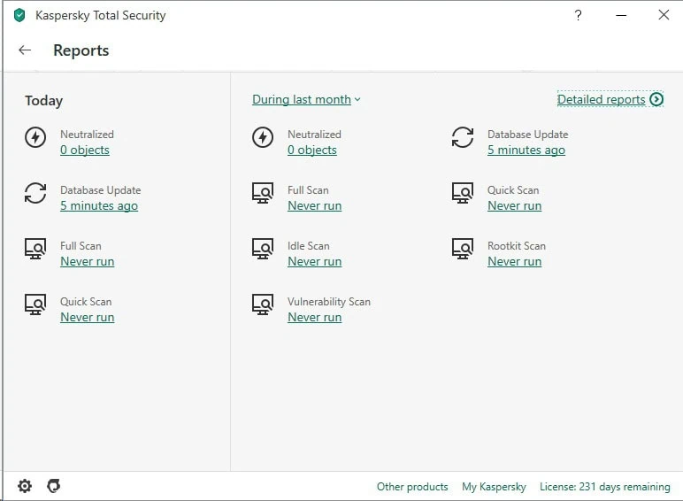 Menu reports de Kaspersky Total Security 2020