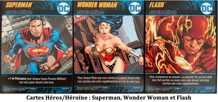 Cartes héros/héroine avec Superman, Wonder Woman et Flash du jeu DC Comic Deck-Building Game