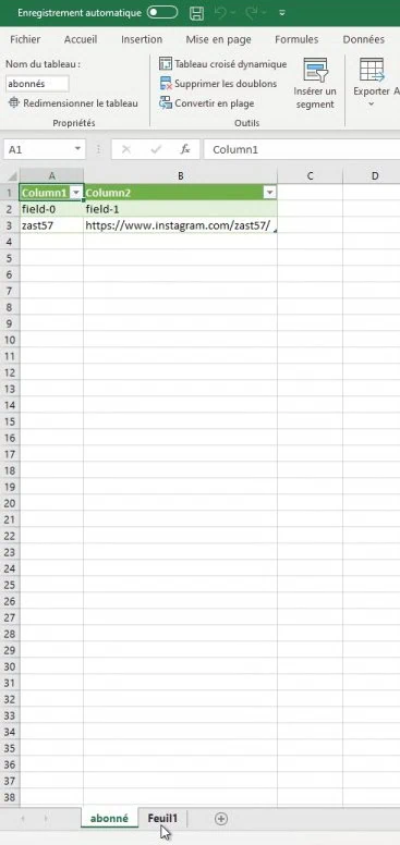 Liste des abonnés instagram sous Excel