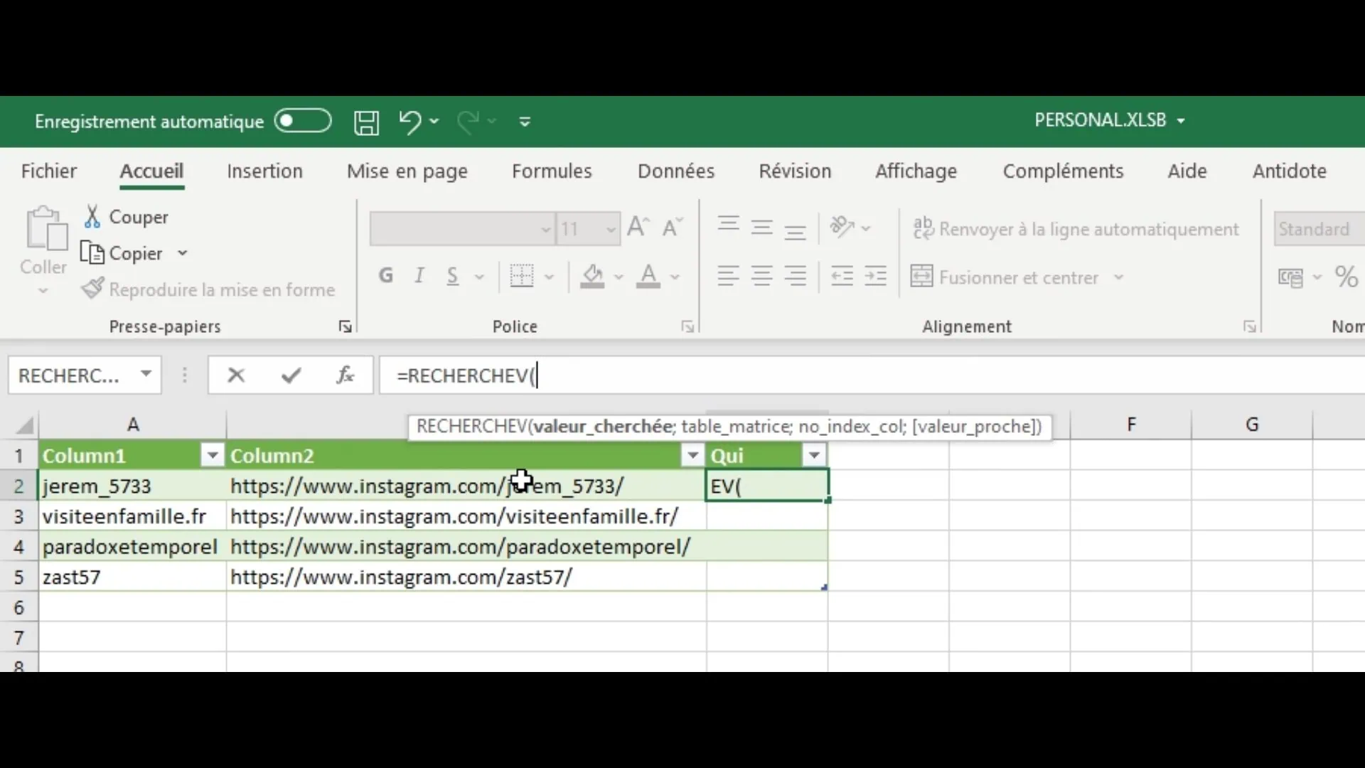 vlookup abonnés instagram
