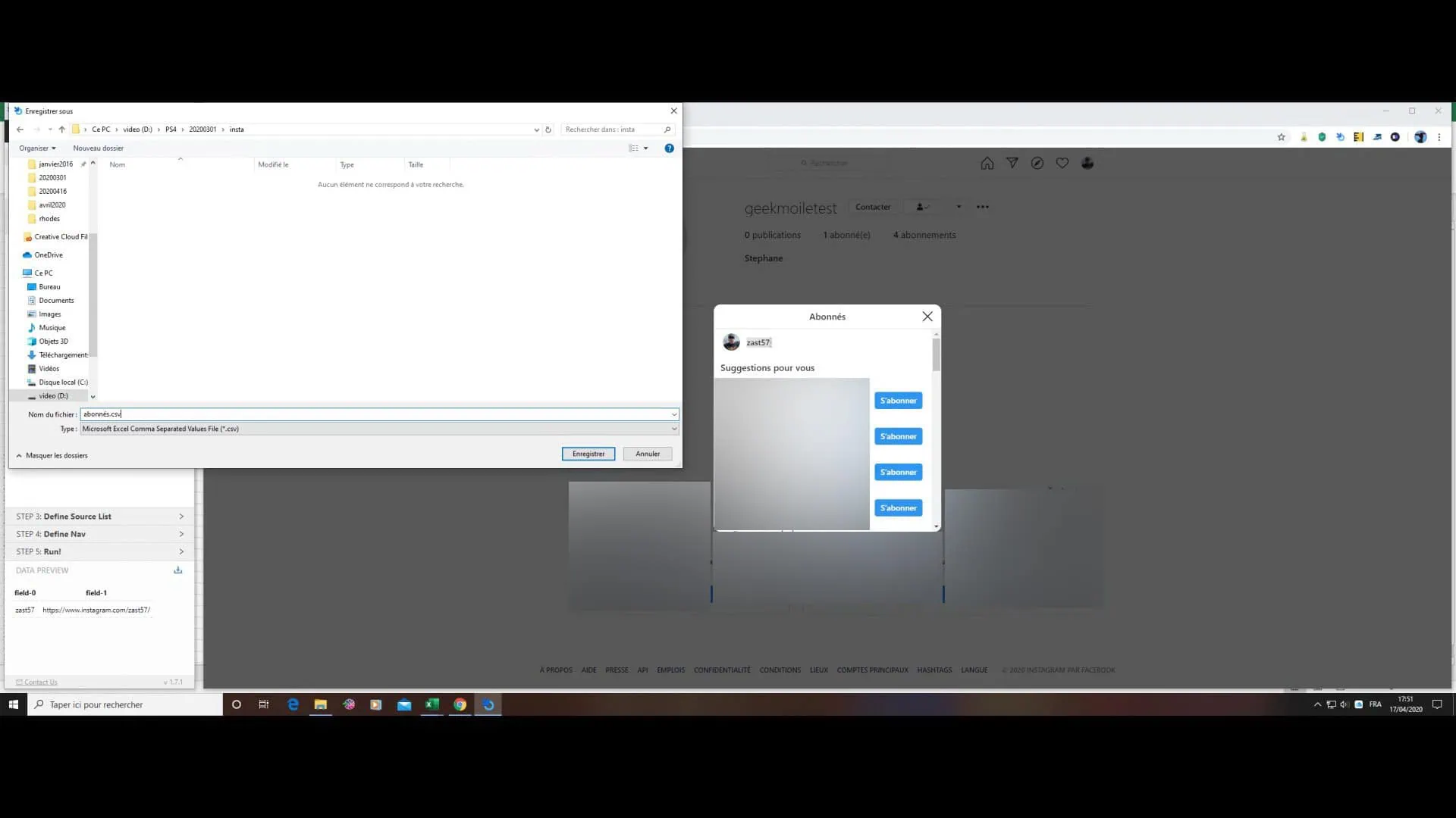 créer fichier csv des abonnés intagram