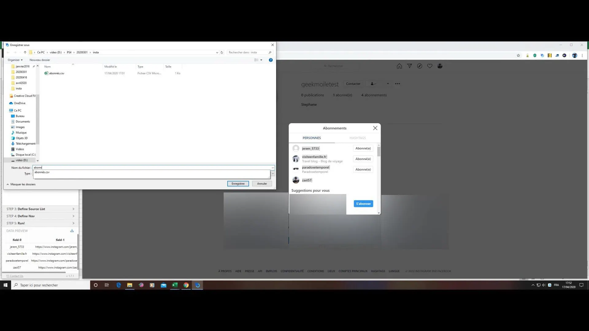 fichier csv des abonnements instagram