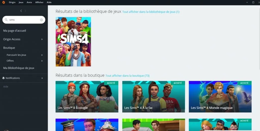 Liste des extensions Sims 4 dans Origin