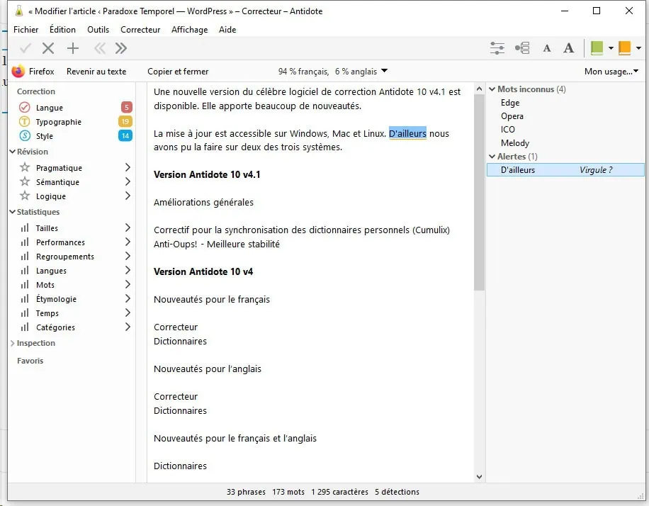 Exemple utilisation du logiciel Antidote 10 v4.1 sur Windows