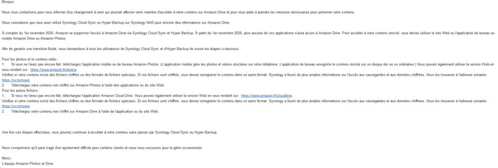 Fin du support Synology avec Amazon Drive