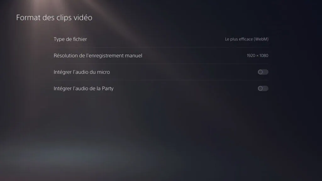 Format enregistrement vidéo WebM dans la PS5