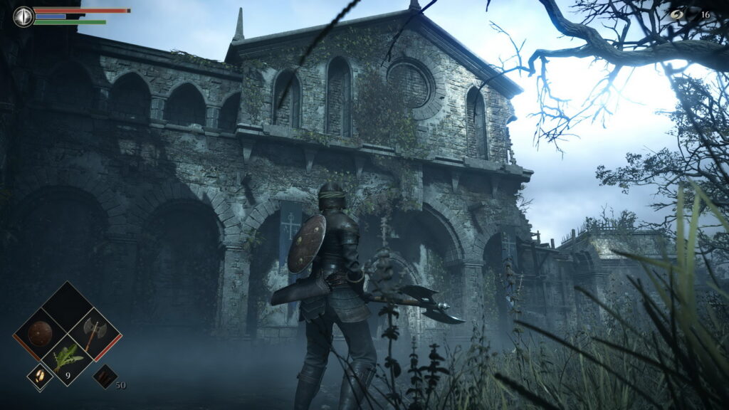Personnage de Demon's Souls PS5 devant une chapelle