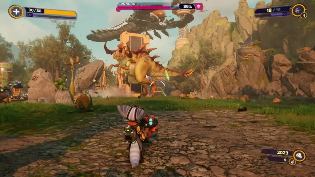 Ratchet and Clank Rift Apart contre un dino