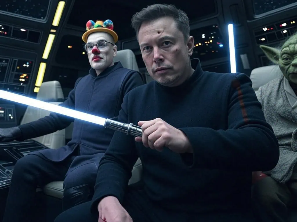 Grok 2 + Aurora : Elon Musk luke dans Star Wars avec Yoda et Dark Vador en clown