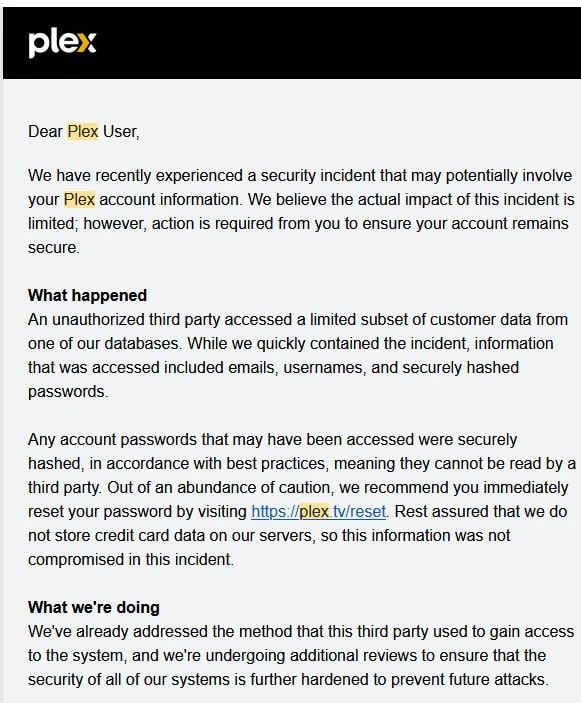 Plex victime d'un incident de sécurité : données utilisateurs compromises, réinitialisation obligatoire