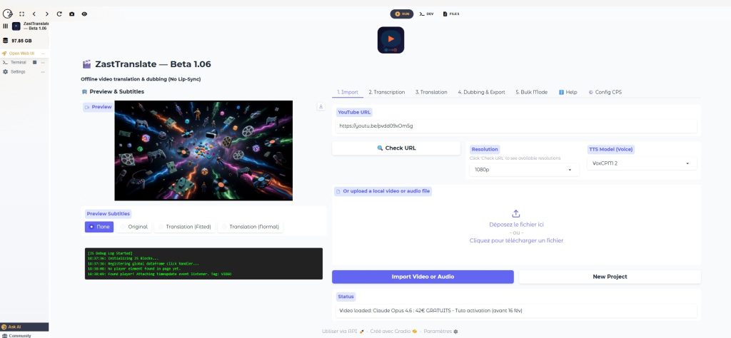 ZastTranslate 1.06 : traduire et doubler ses vidéos en local
