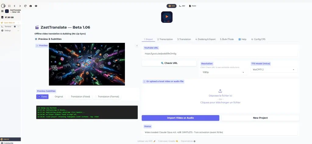 ZastTranslate 1.06 : traduire et doubler ses vidéos en local