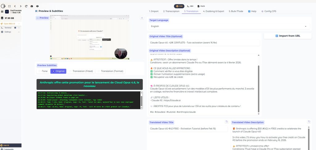ZastTranslate 1.06 : traduire et doubler ses vidéos en local