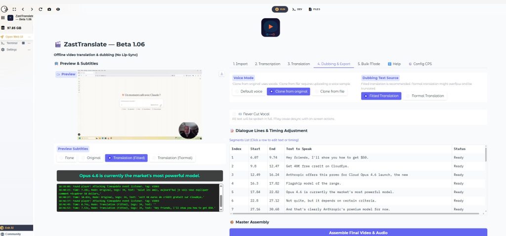 ZastTranslate 1.06 : traduire et doubler ses vidéos en local